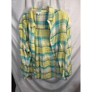 La Miel Plaid Button Up Shirt Women's Size L Yellow Blue Lightweight Frayed Hem